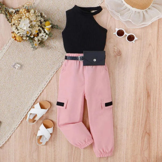 Black Crop Tank Top with Pink Cargo Jogger Pants Set, Casual 2-Piece Outfit