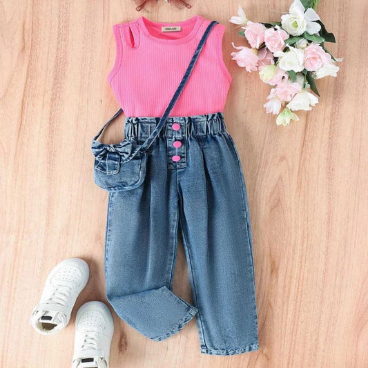 Girls' Pink Ribbed Crop Top and Denim Jeans Set With purse, Casual Outfit, 2 Pieces