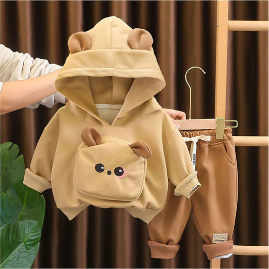 Kids Bear Hooded Sweatshirt and Jogger Set, Brown, Casual Wear