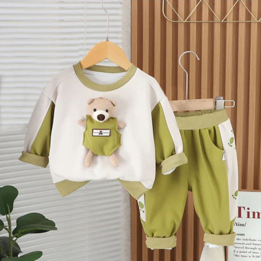 Teddy Bear Design, Green and White, Long Sleeve Sweatshirt with Matching Pants