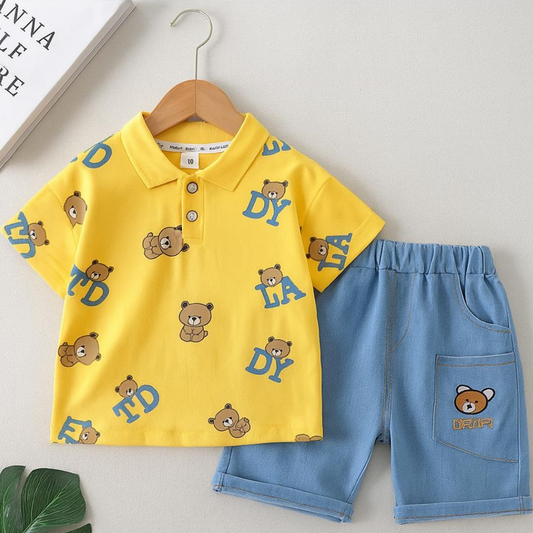 Baby Boys 2-Piece Outfit, Teddy Bear T-Shirt with Blue Denim Shorts Set