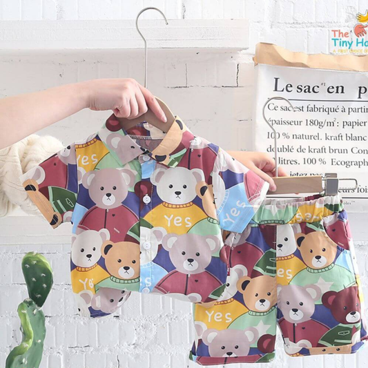 Kids Cartoon Bear Print Set, Short Sleeve Shirt and Shorts