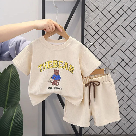 Kids Bear Print T-Shirt and Shorts Set, Casual Wear