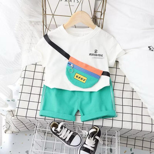 Kids Outfit Set, White T-Shirt with Fanny Pack Print and Shorts