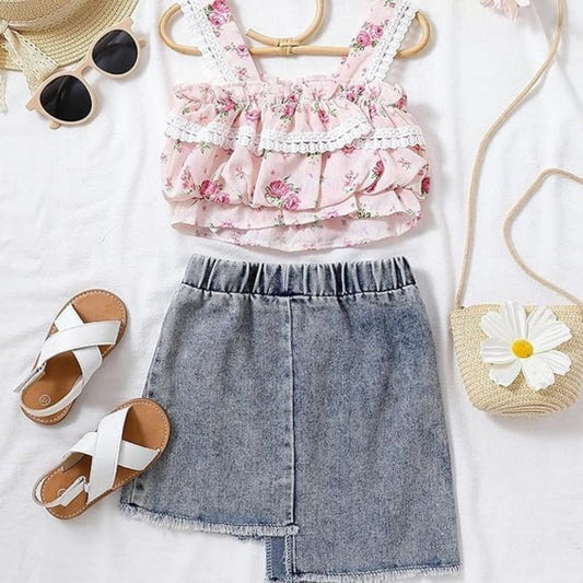 Girls Floral Crop Top and Denim Skirt Set, Pink and Blue