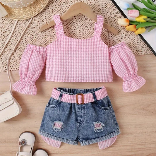 Girls' Cold Shoulder Gingham Crop Top and Denim Shorts Set, Distressed Style