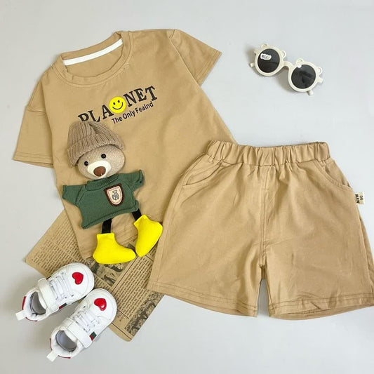 Baby 2-Piece Outfit Set, T-Shirt with Smiley Print and Brown Shorts, Casual Wear