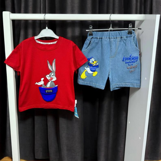 Baby Cartoon Character T-Shirt and Denim Shorts Set, Casual Outfit