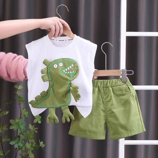Toddler Dinosaur Print Sleeveless T-shirt with Green Shorts Set, White and Green