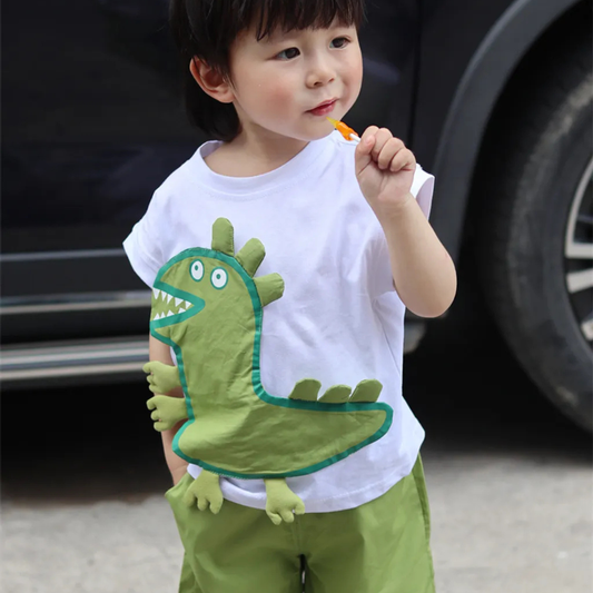 Toddler Dinosaur Print Sleeveless T-shirt with Green Shorts Set, White and Green