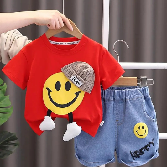 Kids Outfit Set, Smiley Print T-Shirt and Denim Shorts, Casual Wear