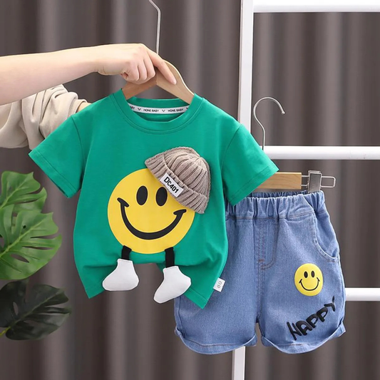 Kids Outfit Set, Smiley Print T-Shirt and Denim Shorts, Casual Wear