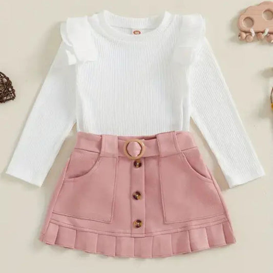 Girls' White Long Sleeve Top and Button-Front Ruffle Skirt Set, 2-Piece Outfit