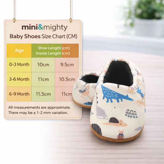 Baby Soft Sole Shoes, Dinosaur Print, Non-Slip Grip, White and Blue