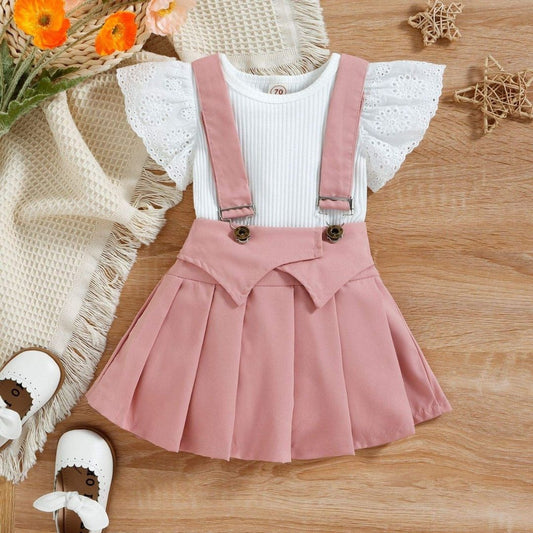 Baby Girl's White Flutter Sleeve Bodysuit with Pink Suspender Skirt Set, 2 Pieces