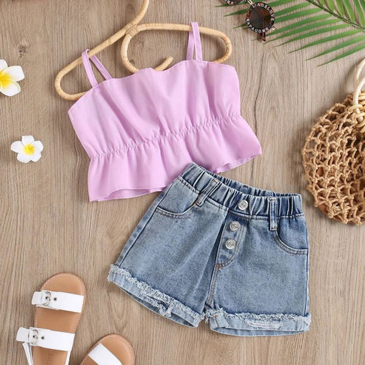 Checked Short Sleeves Top With Denim Shorts