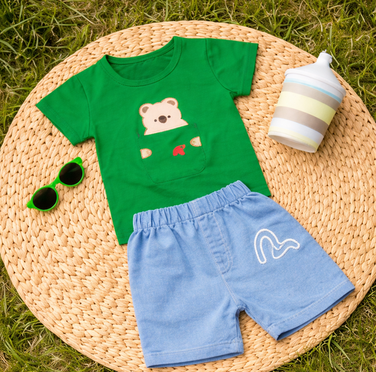 Baby Bear Print T-Shirt and Denim Shorts Set, Casual Outfit