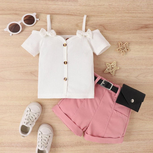 Kids Outfit Set, White Collared Shirt with Shorts and with Wallet Belt, 2-Piece