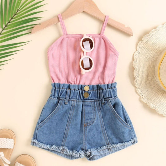 Girls' Tank Top and Denim Shorts Set, Elastic High Waist, Double Button Design