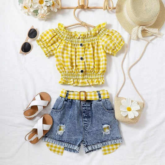 Girls' Yellow Gingham Crop Top and Distressed Denim Shorts Set, 2 Piece Outfit