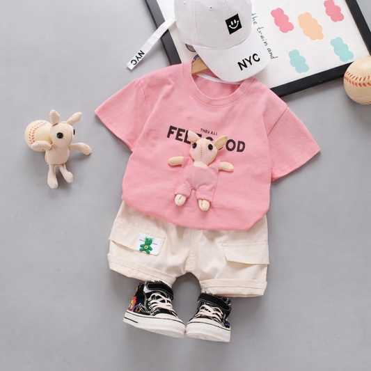 Baby 2-Piece Cotton Outfit Set, T-Shirt with Bunny Design, Beige Shorts