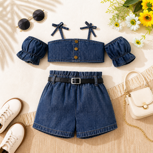 Girls' Denim Two-Piece Set, Off-Shoulder Crop Top with Elastic Shorts