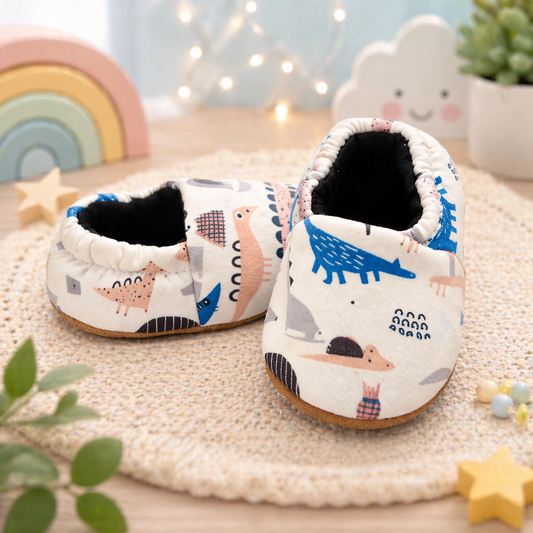 Baby Soft Sole Shoes, Dinosaur Print, Non-Slip Grip, White and Blue