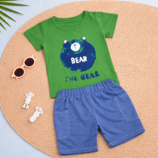 Baby Bear Print T-shirt and Shorts Set, Cotton, 2-Piece Casual Outfit