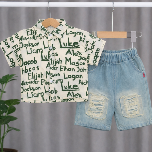 Kids Casual Outfit Set, Green Text Print Shirt with Distressed Denim Shorts