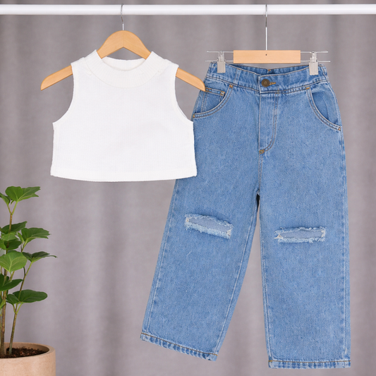Sleeveless Crop Top and Distressed Denim Jeans Set