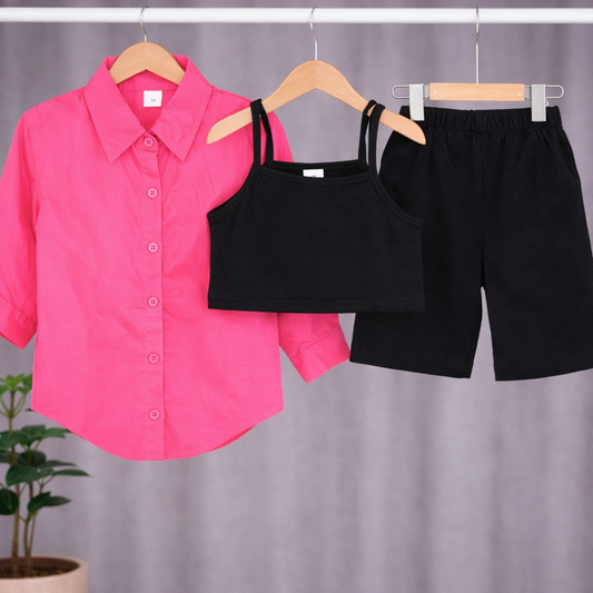 Girls Self Design Shirt With Camisole Top & Shorts