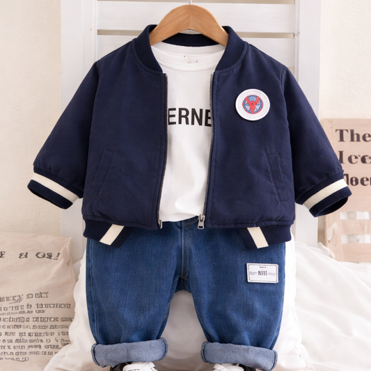 Baby Boy Eagerness Logo Reversible Jacket With T-shirt and Jeans Set, Casual Wear