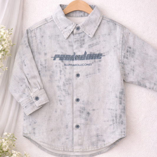 Kids Long Sleeve Button Down Shirt, Grey Marbled Pattern, Casual Cotton