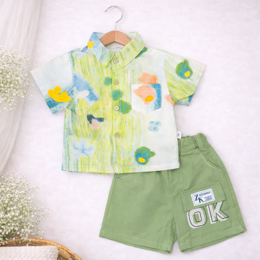 Toddler Boys Summer Outfit, Green Floral Print Shirt with Olive Shorts, 2-Piece Set