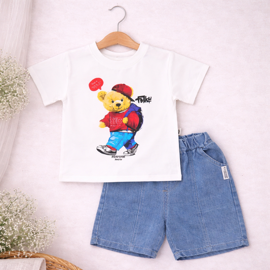 Cartoon Printed T-Shirt With Denim Shorts