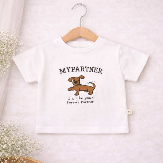 Kids Cotton T-Shirt with Dog Print, Short Sleeves, Casual Wear