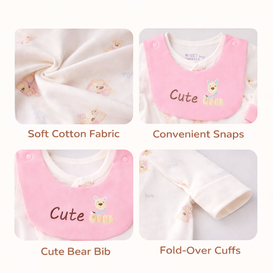 Baby Print Romper with Bib, Long Sleeve Cotton Sleepsuit, Pink and White, Animal Design