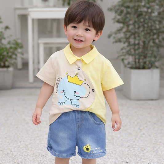 Two-Tone Cotton Polo Shirt with Crown Cat Print, Denim Shorts Set for Toddlers