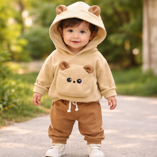 Kids Bear Hooded Sweatshirt and Jogger Set, Brown, Casual Wear