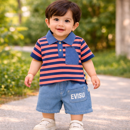 Baby Boy's Striped Polo T-Shirt and Denim Shorts Set, Casual Outfit