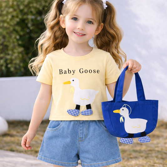 Kids Cotton T-Shirt with Goose Print and Matching Tote Bag Set