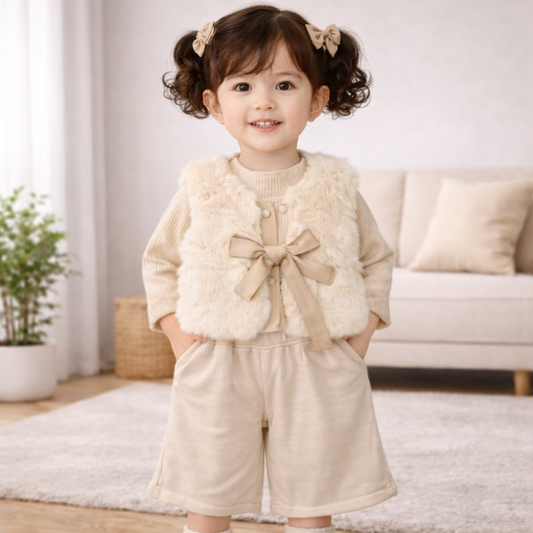 Toddler Girls Faux Fur Vest, Sleeveless Winter Waistcoat with Bow 3Pcs Set