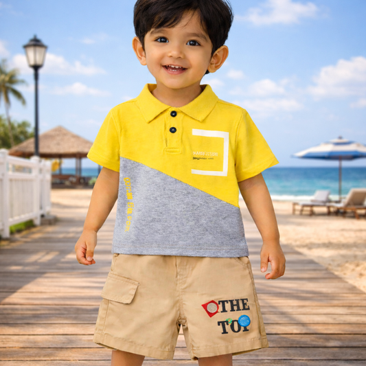 Kids Two-Tone Polo T-shirt with Shorts Set,Casual Wear