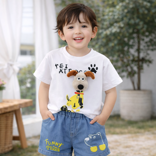 Kids Cartoon Dog Print T-Shirt and Denim Shorts Set, Casual Wear