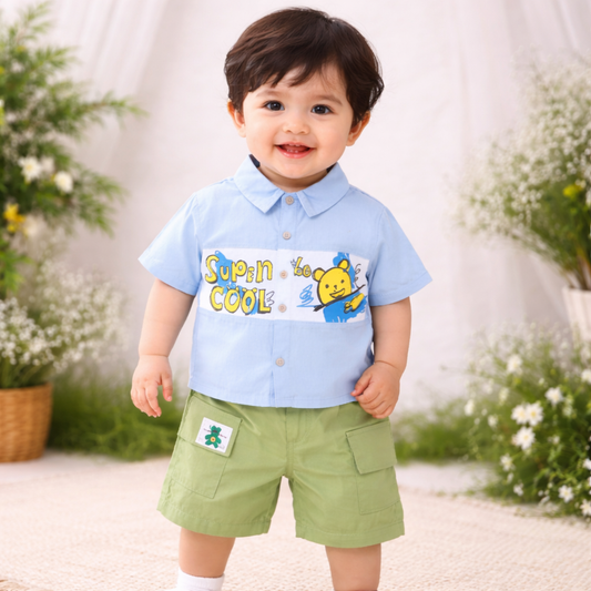 Kids Super Cool Graphic Print Cotton Shirt with Cargo Shorts Set
