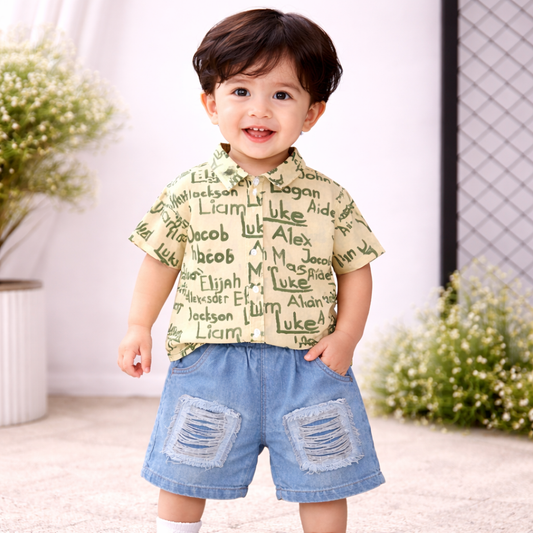 Toddler Boys Outfit Set, Short Sleeve Printed Shirt with Distressed Denim Shorts