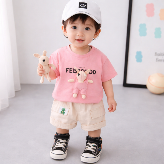 Baby 2-Piece Cotton Outfit Set, T-Shirt with Bunny Design, Beige Shorts