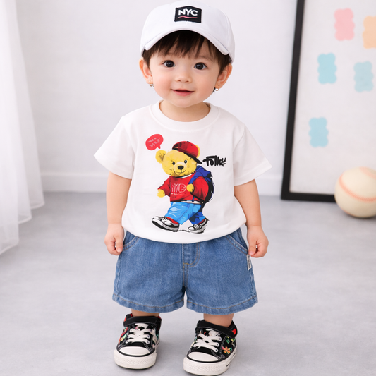 Cartoon Printed T-Shirt With Denim Shorts