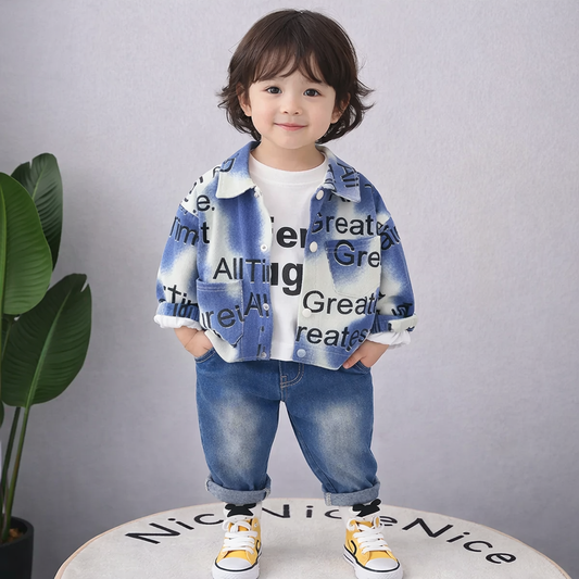 Kids Tie-Dye Print Long Sleeve Shirt and Denim Jeans Set, Blue and White, Casual Wear