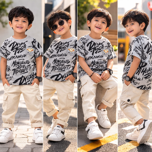 Kids Graphic Print T-Shirt, Text Pattern, Short Sleeve